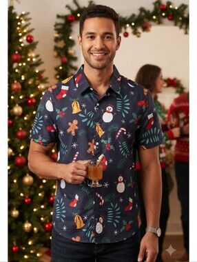 Tunevuse Short Sleeve Christmas Shirt Navy
